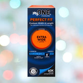 A box of MyONE Extra Wide & Long 60K - 8" Long condoms by MyONE, featuring a width of 60mm and length of 8 inches. The blue and orange box has white text and a bokeh light background.